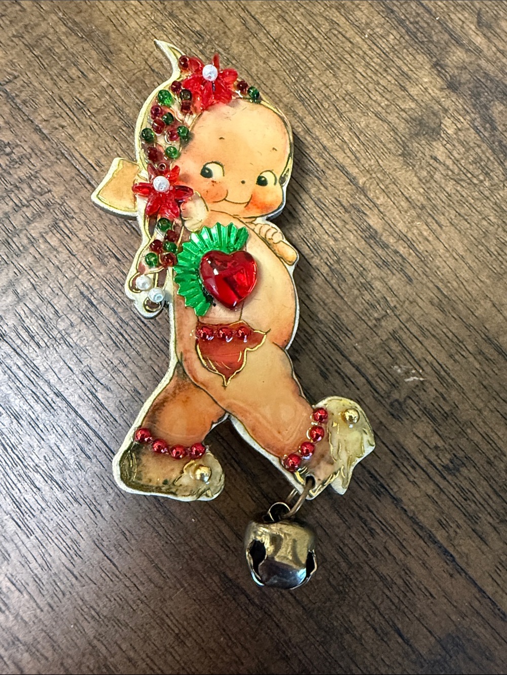 Gold Tone Kewpie Doll Brooch with Dangling Bell